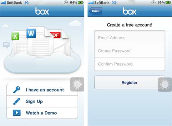 box.netのiPhoneアプリからアカウントを作る。